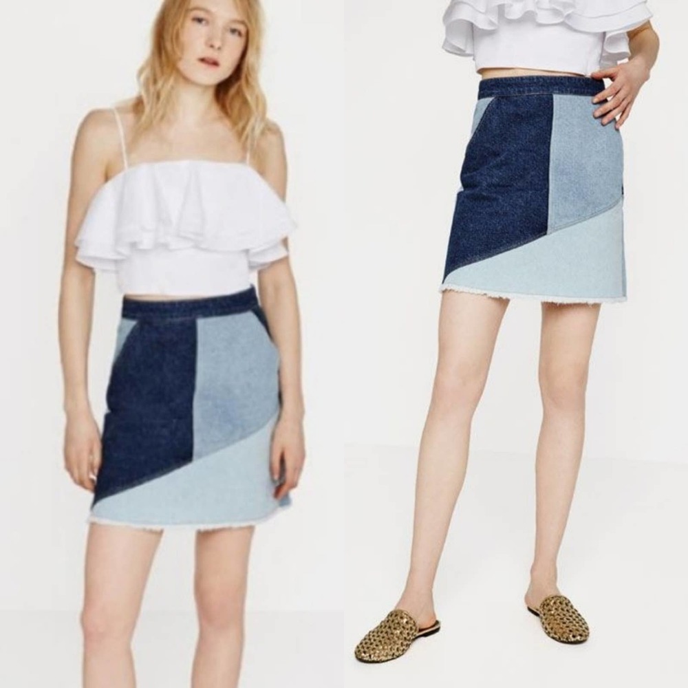 Zara Denim Patchwork Raw Hem Jean Skirt